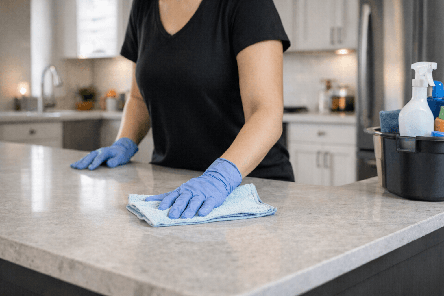 Professional cleaner wiping kitchen counter